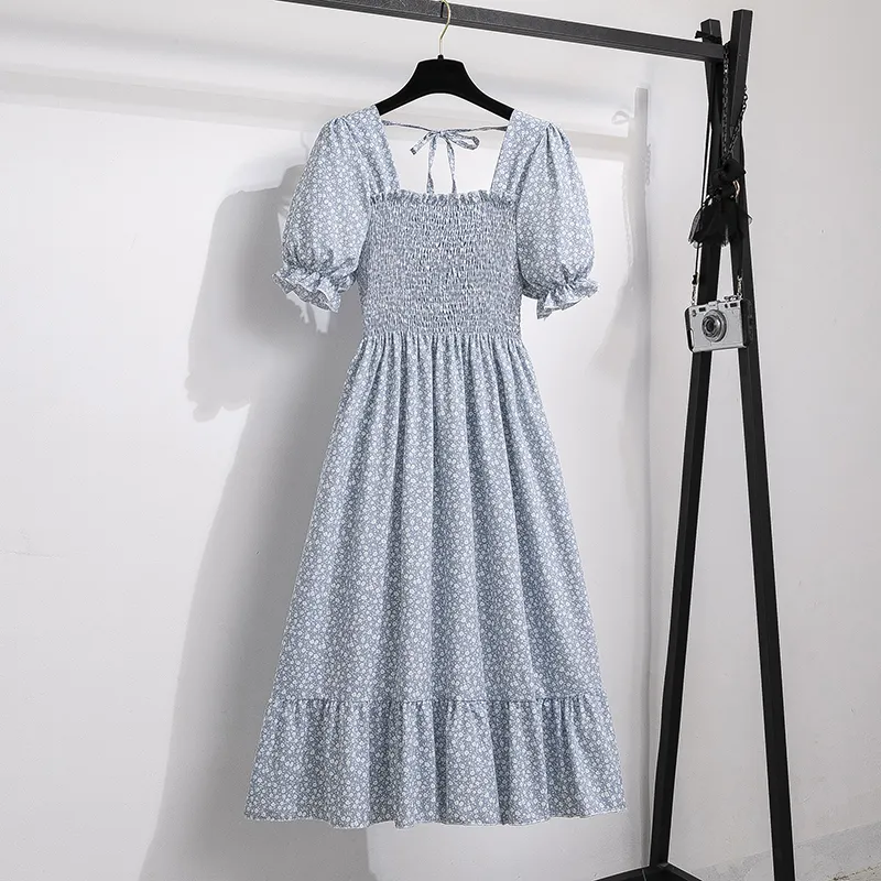 2023 Spring Summer Short Sleeve Casual Dresses Female Elastic Waist Pleated Backless Chiffon Dress Women Midi Dresses Vestido